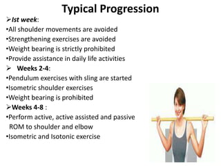 Typical Progression
Ist week:
•All shoulder movements are avoided
•Strengthening exercises are avoided
•Weight bearing is strictly prohibited
•Provide assistance in daily life activities
 Weeks 2-4:
•Pendulum exercises with sling are started
•Isometric shoulder exercises
•Weight bearing is prohibited
Weeks 4-8 :
•Perform active, active assisted and passive
ROM to shoulder and elbow
•Isometric and Isotonic exercise
 