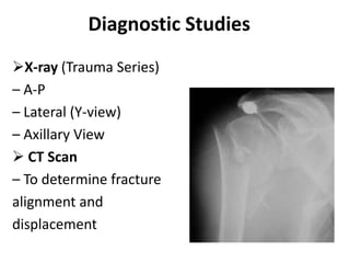 Diagnostic Studies
X-ray (Trauma Series)
– A-P
– Lateral (Y-view)
– Axillary View
 CT Scan
– To determine fracture
alignment and
displacement
 