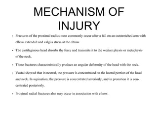 MECHANISM OF
INJURY
• Fractures of the proximal radius most commonly occur after a fall on an outstretched arm with
elbow extended and valgus stress at the elbow.
• The cartilaginous head absorbs the force and transmits it to the weaker physis or metaphysis
of the neck.
• These fractures characteristically produce an angular deformity of the head with the neck.
• Vostal showed that in neutral, the pressure is concentrated on the lateral portion of the head
and neck. In supination, the pressure is concentrated anteriorly, and in pronation it is con-
centrated posteriorly.
• Proximal radial fractures also may occur in association with elbow.
 