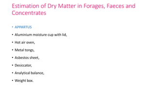 Estimation of Dry Matter in Forages, Faeces and
Concentrates
• APPARTUS
• Aluminium moisture cup with lid,
• Hot air oven,
• Metal tongs,
• Asbestos sheet,
• Desiccator,
• Analytical balance,
• Weight box.
 