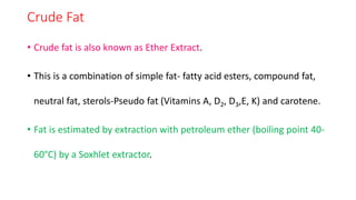 Crude Fat
• Crude fat is also known as Ether Extract.
• This is a combination of simple fat- fatty acid esters, compound fat,
neutral fat, sterols-Pseudo fat (Vitamins A, D2, D3,E, K) and carotene.
• Fat is estimated by extraction with petroleum ether (boiling point 40-
60°C) by a Soxhlet extractor.
 