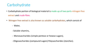 Carbohydrate
• Carbohydrate portion of biological material is made up of two parts-nitrogen free
extract and crude fibre.
• Nitrogen free extract is also known as soluble carbohydrates, which consist of
- Water,
- Soluble vitamins,
- Monosaccharides (simple pentose or hexose sugars),
- Oligosaccharides (compound sugars) Polysaccharides (starches).
 