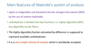 Main features of Weende's system of analysis
• Lignin is indigestible and dissolved into the nitrogen free extract (NFE)
by the use of sodium hydroxide.
• carbohydrate is divided into two fractions, i.e. highly-digestible (NFE)
less digestible (crude fibre) .
• The highly digestible fraction calculated by difference is supposed to
represent available carbohydrates.
• It is a very simple scheme of analysis which is worldwide accepted.
 