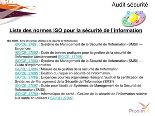 Audit sécurité



  Liste des normes ISO pour la sécurité de l’information
ISO 27000 : Série de normes dédiées à la sécurité de l'information
       ISO/CEI 27001 : Système de Management de la Sécurité de l'Information (SMSI) —
       Exigences
       ISO/CEI 27002 : Code de bonnes pratiques pour la gestion de la sécurité de
       l'information (anciennement ISO/CEI 17799)
       ISO/CEI 27003 : Système de Management de la Sécurité de l'Information (SMSI) —
       Guide d'implémentation
       ISO/CEI 27004 : Mesure de la gestion de la sécurité de l'information
       ISO/CEI 27005 : Gestion du risque en sécurité de l'information
       ISO/CEI 27006 : Exigences pour les organismes réalisant l'audit et la certification de
       Systèmes de Management de la Sécurité de l'Information (SMSI)
       ISO/CEI 27007 : Guide pour l'audit de Systèmes de Management de la Sécurité de
       l'Information (SMSI).
       ISO/CEI 27799 : Informatique de santé - Gestion de la sécurité de l'information relative
       à la santé en utilisant l'ISO/CEI 27002
 