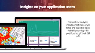 6
Insights on your application users
Gain realtime analytics,
including heat maps, dwell
times and customer paths.
Accessible through the
portal or through the REST
API.
 