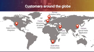 8
Use case examplesHow it is being used?
USA
Digital Screen
integration
France
Advertising
at subway
stations
Norway
Workplace safety
Qatar
Shopping
centre
Vietnam
Social media
application
South Africa
Grocery store
Customers around the globe
 