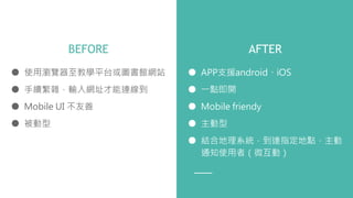 BEFORE AFTER
● 使用瀏覽器至教學平台或圖書館網站
● 手續繁雜，輸入網址才能連線到
● Mobile UI 不友善
● 被動型
● APP支援android、iOS
● 一點即開
● Mobile friendy
● 主動型
● 結合地理系統，到達指定地點，主動
通知使用者（微互動）
 
