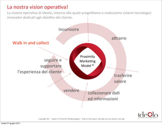 La	
  nostra	
  vision	
  opera-va!
      La	
  visione	
  opera-va	
  di	
  Ideolo,	
  intorno	
  alla	
  quale	
  proge6amo	
  e	
  realizziamo	
  sistemi	
  tecnologici	
  
      innova-vi	
  dedica-	
  agli	
  obie6vi	
  del	
  cliente.


                                                             incuriosire
                                                                                                                                    aDrarre
            Walk	
  in	
  and	
  collect

                                                                                         Proximity	
  
                                  seguire	
  e	
                                         Marke-ng
                             supportare                                                  Model	
  ®
                 l’esperienza	
  del	
  cliente
                                                                                                                                       trasferire
                                                                                                                                       valore
                                                                   vendere
                                                                                                    collezionare	
  da-
                                                                                                    ed	
  informazioni



                                  Copyright 2011 - Ideolo Srl Proximity Marketing Agency - Tutte le informazioni riportate sono da ritenersi riservate

lunedì 27 giugno 2011
 