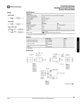 Proximity Sensors
SG Magnet Actuated Sensors
Surface Mounted Style
303
10/02 © 1997-2002 Schneider Electric All Rights Reserved
Proximity
Sensors
SG Magnet Actuated Sensors / Surface Mounted Style
Specifications
➀ Voltage drop = IR where I= load current, R = 150 Ω
Ex: SGO8168L05
Dimensions
Mechanical
Standard temperature range -40° F to +140° F (-40° C to +60° C) (to 300° F for SGA 8053)
Enclosure ratings (NEMA) Type 1, 4, 13
Vibration resistance 20 G (10 to 2000 Hz)
Shock resistance 50 G for 11 mS
Differential Max. 75%
Repeatability 0.003"
Electrical AC (triac) DC
Voltage drop (across switch) 2 V 0 V (IR for SGA8182) ➀
Minimum load current 15 mA -
On delay (ms) 1 ms 0.75 ms
Off delay (ms) 8 ms 0.75 ms
Cable 3' #22 AWG vinyl except SGO8168: #16 AWG SJTO, 2 individual Teflon #22 AWG for SGA8053
Agency Listings
E 42259
CCN NKCR2 (SGO8168 and SG28195 only)
Options
Cable Type Suffix
2 meters (6') of individual wires Teflon (SGA8053) L02
5 meters (16') of individual wires Teflon (SGA8053) L05
5 meters (16') of cable
Vinyl L05
SJTO (SGO8168) L05
10 meters (33') of cable, (for triac and models with built
in resistor)
Vinyl L10
SJTO (SGO8168) L10
Wiring
LOAD
LOAD
LOAD
LOAD
Red
White
Figure A (N/O)
Figure B (N/C)
Figure C (N/O or N/C)
Black
®
.625
15.88
2.080
52.82
1.562
39.67
.980
24.89
2.00
50.8
1.00
25.4
.875
22.2
2 x .187 dia.
.5" NPT
conduit
entrance
1.25
31.75
1.25
31.75
.75
19
1.25
31.75
.875
22
1.00
25
1.75
44
.200 dia.
.406 dia. C. Bore
.310
7.87
Figure 1
SGA8016
SGA8177
SGA8182
SGA8053
SGO8239
Figure 2
SGA8031
SGA8175
SGA8176
Figure 3
SGO8168
SG28195 Dual Dimensions inches
mm
 