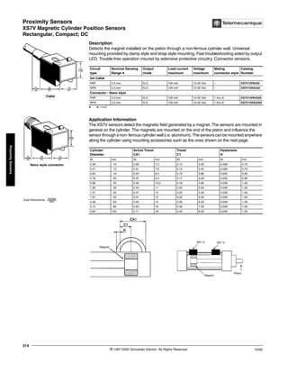Proximity Sensors
XS7V Magnetic Cylinder Position Sensors
Rectangular, Compact; DC
© 1997-2002 Schneider Electric All Rights Reserved
314
10/02
Proximity
Sensors
XS7V Magnetic Cylinder Position Sensors / Rectangular, Compact; DC
Description
Detects the magnet installed on the piston through a non-ferrous cylinder wall. Universal
mounting provided by clamp style and strap style mounting. Fast troubleshooting aided by output
LED. Trouble-free operation insured by extensive protective circuitry. Connector versions.
t At 11mT.
Application Information
The XS7V sensors detect the magnetic field generated by a magnet. The sensors are mounted in
general on the cylinder. The magnets are mounted on the end of the piston and influence the
sensor through a non- ferrous cylinder wall (i.e. aluminum). The sensors can be mounted anywhere
along the cylinder using mounting accessories such as the ones shown on the next page.
Circuit
type
Nominal Sensing
Range t
Output
mode
Load current
maximum
Voltage
maximum
Mating
connector style
Catalog
Number
2m Cable
PNP 3.5 mm N.O. 100 mA 10-30 Vdc – XS7V12PA332
NPN 3.5 mm N.O. 100 mA 10-30 Vdc – XS7V12NA332
Connector - Nano style
PNP 3.5 mm N.O. 100 mA 10-30 Vdc 1 thru 8 XS7V12PA332S
NPN 3.5 mm N.O. 100 mA 10-30 Vdc 1 thru 8 XS7V12NA332S
Cylinder
Diameter
Active Travel
CA1
Travel
C1
Hysteresis
H
IN mm IN mm IN mm IN mm
0.39 10 0.28 7.2 0.13 3.25 0.028 0.70
0.47 12 0.31 7.8 0.14 3.45 0.028 0.70
0.63 16 0.33 8.5 0.15 3.80 0.035 0.90
0.79 20 0.37 9.3 0.17 4.20 0.035 0.90
0.98 25 0.40 10.2 0.18 4.60 0.039 1.00
1.26 32 0.43 11 0.20 5.00 0.039 1.00
1.57 40 0.47 12 0.22 5.50 0.039 1.00
1.97 50 0.47 12 0.22 5.50 0.039 1.00
2.48 63 0.55 14 0.26 6.50 0.039 1.00
3.15 80 0.63 16 0.30 7.50 0.039 1.00
3.94 100 0.71 18 0.33 8.50 0.039 1.00
Nano style connector
Cable
Dual Dimensions inches
mm
 
