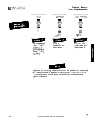 Proximity Sensors
Output Stage Parameters
343
10/02 © 1997-2002 Schneider Electric All Rights Reserved
Proximity
Sensors
Output Stage Parameters
Method of
connection
Cable Connector Screw Terminals
Ease of
installation and
replacement.
Features
Features Features
Note
Pre-wired sealed
cable, excellent
resistance to
splashing liquid
(IP67) or cutting
oils (IP68).
Flexibility: user
selects type and
length of cable.
In practice, the preceding information enables the selection and installation
of a proximity sensor for applications having normal operating conditions.
The following pages contain details for applications which need more
specific information.
 