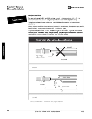 Proximity Sensors
Electrical Installation
© 1997-2002 Schneider Electric All Rights Reserved
364
10/02
Proximity
Sensors
Electrical Installation
Length of the cable
No restrictions up to 660 feet (200 meters) or up to a line capacitance of 0.1 µF. It is
important to take into account voltage drop on the line over 660 feet (200 meters).
The XS models are immune to electrical interference encountered in normal industrial
conditions.
Where extreme electrical noise conditions could occur (large motors, spot welders, etc.) it may
be advisable to protect against transients in the following ways:
Suppress interference at source, limit the length of the cables, separate power and
control wiring from each other, ensure that the logic systems contain input transient
suppression means and use twisted pair and shielded cables.
* Use of individual cables is recommended if long lengths are involved.
Precautions
Separation of power and control wiring
control cables *
power cables
10
cm
4
in
correct
incorrect
conduit
high voltage
or power cables
Incorrect
Correct
 