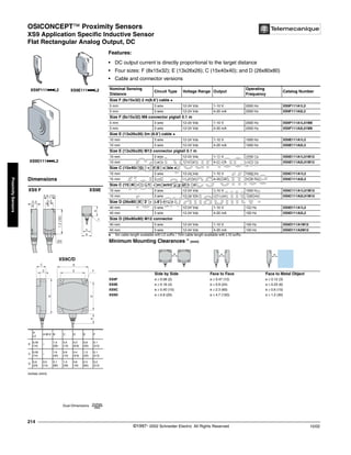 OSICONCEPT™ Proximity Sensors
XS9 Application Specific Inductive Sensor
Flat Rectangular Analog Output, DC
©1997- 2002 Schneider Electric All Rights Reserved
214
10/02
Proximity
Sensors
XS9 Application Specific Inductive Sensor / Flat Rectangular Analog Output, DC
Features:
• DC output current is directly proportional to the target distance
• Four sizes: F (8x15x32); E (13x26x26); C (15x40x40); and D (26x80x80)
• Cable and connector versions
q 5m cable length available with L5 suffix / 10m cable length available with L10 suffix.XS
Nominal Sensing
Distance
Circuit Type Voltage Range Output
Operating
Frequency
Catalog Number
Size F (8x15x32) 2 m(6.6’) cable q
5 mm 3 wire 12-24 Vdc 1-10 V 2000 Hz XS9F111A1L2
5 mm 3 wire 12-24 Vdc 4-20 mA 2000 Hz XS9F111A2L2
Size F (8x15x32) M8 connector pigtail 0.1 m
5 mm 3 wire 12-24 Vdc 1-10 V 2000 Hz XS9F111A1L01M8
5 mm 3 wire 12-24 Vdc 4-20 mA 2000 Hz XS9F111A2L01M8
Size E (13x26x26) 2m (6.6’) cable q
10 mm 3 wire 12-24 Vdc 1-10 V 1000 Hz XS9E111A1L2
10 mm 3 wire 12-24 Vdc 4-20 mA 1000 Hz XS9E111A2L2
Size E (13x26x26) M12 connector pigtail 0.1 m
10 mm 3 wire 12-24 Vdc 1-10 V 1000 Hz XS9E111A1L01M12
10 mm 3 wire 12-24 Vdc 4-20 mA 1000 Hz XS9E111A2L01M12
Size C (15x40x40) 2 m (6.6’) cable q
15 mm 3 wire 12-24 Vdc 1-10 V 1000 Hz XS9C111A1L2
15 mm 3 wire 12-24 Vdc 4-20 mA 1000 Hz XS9C111A2L2
Size C (15x40x40) M12 connector pigtail 0.1 m
15 mm 3 wire 12-24 Vdc 1-10 V 1000 Hz XS9C111A1L01M12
15 mm 3 wire 12-24 Vdc 4-20 mA 1000 Hz XS9C111A2L01M12
Size D (26x80x80) 2 m (6.6’) cable q
40 mm 3 wire 12-24 Vdc 1-10 V 100 Hz XS9D111A1L2
40 mm 3 wire 12-24 Vdc 4-20 mA 100 Hz XS9D111A2L2
Size D (26x80x80) M12 connector
40 mm 3 wire 12-24 Vdc 1-10 V 100 Hz XS9D111A1M12
40 mm 3 wire 12-24 Vdc 4-20 mA 100 Hz XS9D111A2M12
Minimum Mounting Clearances " (mm)
Side by Side Face to Face Face to Metal Object
XS9F e ≥ 0.08 (2) e ≥ 0.47 (12) e ≥ 0.12 (3)
XS9E e ≥ 0.16 (4) e ≥ 0.9 (24) e ≥ 0.23 (6)
XS9C e ≥ 0.40 (10) e ≥ 2.3 (60) e ≥ 0.6 (15)
XS9D e ≥ 0.8 (20) e ≥ 4.7 (120) e ≥ 1.2 (30)
XS9F111kkkL2 XS9E111kkkL2
XS9D111kkkL2
inches (mm)
Dimensions
XS9 F XS9E
XS9C/D
A
L2
A M12 B C D E F
E
0.55
(14)
–
1.0
(26)
0.5
(13)
0.3
(8.8)
0.8
(20)
0.1
(3.5)
C
0.55
(14)
–
1.6
(40)
0.6
(15)
0.4
(9.8)
1.3
(33)
0.1
(4.5)
D
0.9
(23)
0.5
(14)
3.1
(80)
1.0
(26)
0.6
(16)
2.5
(65)
0.2
(5.5)
0.3
8
1.2
(32)
0.6 (15)
0.3
9
Ø3
F
B
E
B
E
E
C
D
A
B
B
F
Dual Dimensions inches
mm
e e e
Call your local
field sales office
for availability!
 