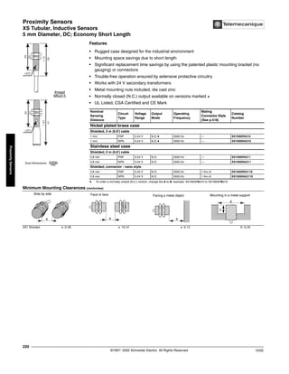 Proximity Sensors
XS Tubular, Inductive Sensors
5 mm Diameter, DC; Economy Short Length
©1997- 2002 Schneider Electric All Rights Reserved
220
10/02
Proximity
Sensors
XS Tubular, Inductive Sensors / 5 mm Diameter, DC: Economy Short Length
Features
• Rugged case designed for the industrial environment
• Mounting space savings due to short length
• Significant replacement time savings by using the patented plastic mounting bracket (no
gauging) or connectors
• Trouble-free operation ensured by extensive protective circuitry
• Works with 24 V secondary transformers
• Metal mounting nuts included, die cast zinc
• Normally closed (N.C.) output available on versions marked a
• UL Listed, CSA Certified and CE Mark
a To order a normally closed (N.C.) version, change the A to B, example: XS1N05PA310 to XS1N05PB310
Nominal
Sensing
Distance
Circuit
Type
Voltage
Range
Output
Mode
Operating
Frequency
Mating
Connector Style
(See p.518)
Catalog
Number
Nickel plated brass case
Shielded, 2 m (6.6’) cable
1 mm PNP 5-24 V N.O.a 5000 Hz — XS1N05PA310
1 mm NPN 5-24 V N.O.a 5000 Hz — XS1N05NA310
Stainless steel case
Shielded, 2 m (6.6’) cable
0.8 mm PNP 5-24 V N.O. 5000 Hz — XS1N05PA311
0.8 mm NPN 5-24 V N.O. 5000 Hz — XS1N05NA311
Shielded, connector - nano style
0.8 mm PNP 5-24 V N.O. 5000 Hz 1 thru 8 XS1N05PA311S
0.8 mm NPN 5-24 V N.O. 5000 Hz 1 thru 8 XS1N05NA311S
Minimum Mounting Clearances (mm/inches)
XS1 Shielded e: 2/.08 e: 12/.47 e: 3/.12 D: 5/.20
LED
LED
.94
.94
24
24
29
41
1.14
1.61
thread
M5x0.5
Dual Dimensions inches
mm
Side by side
e
Face to face
e
Facing a metal object
e
Mounting in a metal support
d
h
 