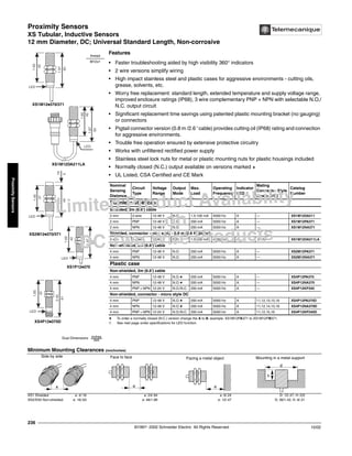 Proximity Sensors
XS Tubular, Inductive Sensors
12 mm Diameter, DC; Universal Standard Length, Non-corrosive
©1997- 2002 Schneider Electric All Rights Reserved
236
10/02
Proximity
Sensors
XS Tubular, Inductive Sensors / 12 mm Diameter, DC; Universal Standard Length, Non-corrosive
Features
• Faster troubleshooting aided by high visibility 360° indicators
• 2 wire versions simplify wiring
• High impact stainless steel and plastic cases for aggressive environments - cutting oils,
grease, solvents, etc.
• Worry free replacement: standard length, extended temperature and supply voltage range,
improved enclosure ratings (IP68), 3 wire complementary PNP + NPN with selectable N.O./
N.C. output circuit
• Significant replacement time savings using patented plastic mounting bracket (no gauging)
or connectors
• Pigtail connector version (0.8 m /2.6 ' cable) provides cutting oil (IP68) rating and connection
for aggressive environments.
• Trouble free operation ensured by extensive protective circuitry
• Works with unfiltered rectified power supply
• Stainless steel lock nuts for metal or plastic mounting nuts for plastic housings included
• Normally closed (N.C.) output available on versions marked a
• UL Listed, CSA Certified and CE Mark
a To order a normally closed (N.C.) version change the A to B, example: XS1M12PA371 to XS1M12PB371.
➀ See next page under specifications for LED function.
Nominal
Sensing
Distance
Circuit
Type
Voltage
Range
Output
Mode
Max.
Load
Operating
Frequency
Indicator
LED ➀
Mating
Connector Style
(see p. 518)
Catalog
Number
Stainless steel case
Shielded, 2m (6.6’) cable
2 mm 2-wire 12-48 V N.O. 1.5-100 mA 4000 Hz A — XS1M12DA211
2 mm PNP 12-48 V N.O. 200 mA 5000 Hz A — XS1M12PA371
2 mm NPN 12-48 V N.O. 200 mA 5000 Hz A — XS1M12NA371
Shielded, connector - mini style - 0.8 m (2.6 ft) pigtail
2 mm 2-wire 12-48 V N.O. 1.5-100 mA 4000 Hz A 21,22 XS1M12DA211LA
Non-shielded, 2m (6.6’) cable
4 mm PNP 12-48 V N.O. 200 mA 5000 Hz A — XS2M12PA371
4 mm NPN 12-48 V N.O. 200 mA 5000 Hz A — XS2M12NA371
Plastic case
Non-shielded, 2m (6.6’) cable
4 mm PNP 12-48 V N.O.a 200 mA 5000 Hz A — XS4P12PA370
4 mm NPN 12-48 V N.O.a 200 mA 5000 Hz A — XS4P12NA370
4 mm PNP + NPN 12-24 V N.O./N.C. 200 mA 5000 Hz A — XS4P12KP340
Non-shielded, connector - micro style DC
4 mm PNP 12-48 V N.O.a 200 mA 5000 Hz A 11,12,13,15,16 XS4P12PA370D
4 mm NPN 12-48 V N.O.a 200 mA 5000 Hz A 11,12,14,15,16 XS4P12NA370D
4 mm PNP + NPN 12-24 V N.O./N.C. 200 mA 5000 Hz A 11,12,15,16 XS4P12KP340D
Minimum Mounting Clearances (mm/inches)
XS1 Shielded e: 4/.16 e: 24/.94 e: 6/.24 D: 12/.47, H: 0/0
XS2/XS4 Non-shielded e: 16/.63 e: 48/1.89 e: 12/.47 D: 36/1.42, H: 8/.31
LED
LED
LED
LED
LED
61
2.40
42
1,65
50
1.97
42
1.65
45
1.77
37
1.45
5
.19
50
1.97
42
1.65
50
1.97
42
1.65
Dual Dimensions inches
mm
XS1M12k370/371
XS1M12DA211LA
XS2M12k370/371
XS1P12k370
XS4P12k370D
thread
M12x1
Side by side
e
Face to face
e
Facing a metal object
e
Mounting in a metal support
d
h
Limited Product Availability
on
DC Two Wire Products
 