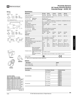 Proximity Sensors
XS Tubular Inductive Sensors
Extended Range – AC/DC, DC
259
10/02 © 1997-2002 Schneider Electric All Rights Reserved
Proximity
Sensors
XS Tubular Inductive Sensors / Extended Range - AC/DC, DC
Specifications
a Refer to p. 351 for target material correction coefficient Km.
Options
Accessories
Mechanical 6.5 mm 8 mm 12 mm 18 mm 30 mm
Usable sensing range a
0 to 0.08"
(0 to 2 mm)
0 to 0.08"
(0 to 2 mm)
0 to 0.12"
(0 to 3.2 mm)
0 to 0.31"
(0 to 8 mm)
0 to 0.62"
(0 to 16 mm)
Temperature range -13 F to + 25 F (-25 C to +70 C)
Enclosure rating
NEMA Type 3, 4x, 6p, 12, 13
IEC Type IP68 (except connectors)
Max tightening torque -- 5 N•m 3.7 (lb-ft) 6 N•m 4.4 (lb-ft) 15 N•m 11 (lb-ft) 40 N•m 29.5 (lb-ft)
Vibration 25 G, amplitude +/- 2mm, f = 10 - 55 Hz
Shock resistance 50 G, duration 11ms”
Standard target size (steel) (mm) 6.5x6.5x1 8x8x1 12x12x1 18x18x1 30x30x1
Max Differential (% of Sr) 15%
Max Repeatability (% of Sr) 3%
LED indicator type
Cable 360° ring LED, visible from all quadrants
Connector One LED, visible from 4 quadrants
Enclosure material Nickel plated brass
Wiring 27 AWG 27 AWG 22 AWG 22 AWG 22 AWG
Cable material PvR PvR PvR PvR PvR
Electrical
AC / DC AC / DC AC / DC
Voltage range 24 V to 240 Vac/dc, 12 V to 24 Vdc
Voltage limit (including ripple) 20 V to 264 Vac/dc, 10 to 38 Vdc
Voltage Drop (max.) 2.6 V 2.6 V 5.5 V / 2.6 V 5.5 V / 2 V 5.5 V / 2 V
Max. Leakage (Residual) Current -open state, AC -- -- 0.8 mA 0.8 mA 0.8 mA
Current Consumption (no load) 10 mA
Power-up delay (max.) 5 ms 5 ms 20ms / 5 ms 25 ms / 5 ms 25 ms / 5 ms
On delay (max.) 0.2 ms 0.2 ms 0.5 ms / 0.2 ms 0.5 ms 0.3 ms 0.5 ms / 0.6 ms
Off delay (max.) 0.2 ms 0.2 ms 0.2 ms 0.5 ms / 0.7 ms 2 ms / 1.4 ms
Protective Circuitry
Short circuit protection yes
Overload protection yes
Reverse polarity protection yes
Radio frequency immunity
(RFI)
IEC 61000-4-3 Level 3
Electrostatic, Transients,
Impulse
IEC 61000-4-2 Level 3; IEC 61000-4-4 Level 3; 60947.5.2 Level 3
Agency Listings
Description Suffix
16.4 ft. (5 meter) cable L2
32.8 ft. (10 meter) cable L5
Description For Sensor Diameter Catalog Number
Mounting Brackets
0.25" (6.5 mm) XSZB165
0.31" (8 mm) XSZB108
0.47" (12 mm)
XSZB112
9006PA12
0.7’ (18 mm)
XSZB118
9006PA18
1.18" (30 mm)
XSZB130
9006PA30
Mounting Nuts
0.31" (8 mm) XSZE108
0.47" (12 mm)
XSZE112
XSZE118
0.7’ (18 mm) XSZE130
XSZB1kk
9006PAkk
XSZEkkk
For additional cable options and lengths see p. 518
Accessories . . . . . . . . . . . . . . . . . . . . page 298, 316
Connector Cables
(M8 or S suffix; M12 or D suffix;
U20 or K suffix; U78 or A suffix)
XSZCS101 Nano Conn., 3 pin, 2 m, straight
XSZCS111 Nano Conn., 3 pin, 2 m, 90°
XSZCD101Y Micro Conn., 4 pin, 2 m, straight
XSZCD111Y Micro Conn., 4 pin, 2 m, 90°
XSZCK101Y Micro Conn., 3 pin, 2 m, straight
XSZCK111Y Micro Conn., 3 pin, 2 m, 90°
XSZCA901Y Mini Conn., 3 pin, 2 m, straight
XSZCA911Y Mini Conn., 3 pin, 2 m, 90°
Wiring
Connector
Micro Mini
Cable
Blue BU –
Brown BN +
Black BK Output
Connector
Nano Micro
Cable
Blue BU –
Brown BN +
Black BK Output
1
3
2
1 3
2
wire color/connector pin
2 wire, AC/DC for connector version only
BN/2 L1 +/-
L2 -/+
BU/3
AC/DC
3 1
4
1 2
4 3
BK/4 NO
BK/2 NC
BK/4 NO
BK/2 NC
3 wire, DC, NO or NC
BN/1
BU/3
+
-
PNP
BU/3
+
-
NPN
BN/1
®
 