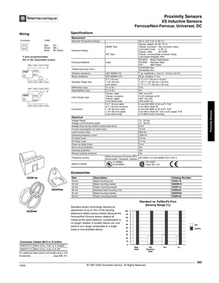 Proximity Sensors
XS Inductive Sensors
Ferrous/Non-Ferrous; Universal, DC
265
10/02 © 1997-2002 Schneider Electric All Rights Reserved
Proximity
Sensors
XS Inductive Sensors / Ferrous/Non-Ferrous; Universal, DC
Specifications
Accessories
Standard sensor technology requires an
adjustment of up to 70% of the sensing
distance to detect various metals. Because the
Ferrous/Non-Ferrous sensor detects all
metals at the same distance, compensation is
no longer needed. A smaller device can now
perform at a range comparable to a larger
sized or non-shielded device.
Mechanical
Standard Temperature Range 32° to 122° F (0° to 50° C)
Enclosure Rating
NEMA Type
IEC Type
Tubular, cable3, 4X, 6P, 12,13
Tubular, connector See connector rating
Limit switch body 4, 6P, 12
Tubular, cable IEC IP68
Tubular, connectorSee connector rating
Limit Switch BodyIEC IP67
Enclosure Material Case
XS1M18 Nickel Plated Brass
XS1M30 Stainless Steel
XS7 ABS Plastic
Tightening torque (max.)
XS1M1835 N•m
XS1M3050 N•m
Vibration resistance (IEC 60068-2-6) 7 gn, amplitude ± 1mm (f = 10 Hz to 42 Hz)
Shock resistance (IEC 60068-2-27) 30 gn, duration 11 ms
Standard Target Size
0.7" (18 mm)
1.18" (30 mm)
Limit switch
0.7" x 0.7" (18 mm x 18 mm)
1.18" x 1.18" (30 mm x 30 mm)
1.77" x 1.77" (45 mm x 45 mm)
Differential (max) (% of Sr.) 15%
Repeatability (max) (% of Sr.) 3%
LED indicator type
Tubular, cable
Tubular, connector
Tubular, pigtail
Limit switch body
360° ring LED
4 LED windows at 90°
360° ring LED
LED power On
Connection
10.7" (8 mm) cable
0.7" (18 mm) connector
1.18" (30 mm) cable
1.18" (30 mm) pigtail
Limit switch body
4 wire #22 AWG (0.34 mm2
), PvR
4 pin Micro Style DC
4 wire #22 AWG (0.34 mm2
), PvR
4 pin Micro Style DC, 0.8 m (2.6’) pigtail, PvR
#14 AWG Screw Terminals
Electrical
Voltage Range
Voltage Limit (including ripple)
12 - 24 Vdc
10 - 38 Vdc
Voltage Drop (across switch) closed state (max) 2.6 V
Current consumption (no load) (max) 15 mA
Load Current (max) 200 mA
Operating frequency (max) 1000 Hz.
On delay (max) 0.3 ms
Off delay (max) 0.7 ms
Power-up delay (max) 5 ms
Short circuit protection Yes
Overload protection Yes
Reverse polarity protection Yes
Protective circuitry
Radio Frequency Immunity (RFI)
Electrostatic, Transients, Impulse
IEC 60947-5-2 and NEMA ICS 5, Part 4
Agency Listings
E 164869
CCN NRKH
CR 44087
Class 3211 03
Size Description Catalog Number
18 mm Metal mounting nuts XSZE118
18 mm Metal mounting bracket 9006PA18
18 mm Plastic mounting bracket XSZB118
30 mm Stainless steel mounting nuts XSZE330
30 mm Metal mounting bracket 9006PA30
30 mm Plastic mounting bracket XSZB130
XSZB1kk
9006PAkk
XSZEkkk
For additional cable options and lengths see p. 518
Accessories . . . . . . . . . . . . . . . . . . . . page 298, 316
Connector Cables (M12 or D suffix)
XSZCD101Y Micro Conn., 4 pin, 2 m, straight
XSZCD111Y Micro Conn., 4 pin, 2 m, 90°
Wiring
Connector Cable
Blue BU –
Brown BN +
Black BK Output
1 2
4 3
4 wire programmable
NO or NC selectable output
BN/1 (NO), BU/3 (NC)
BN/1 (NO), BU/3 (NC)
+
-
BK/4
BK/4
WH/2
WH/2
BU/3 (NO), BN/1 (NC)
BU/3 (NO), BN/1 (NC)
PNP
+
-
NPN
®
0
10
20
30
40
50
60
70
80
90
100
Mag.
Steel
304
Stainless
Steel
Alu Cu
std
Fe/NFe
Standard vs. Fe/NonFe Prox
Sensing Range (%)
 