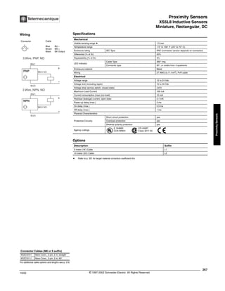 Proximity Sensors
XS5L8 Inductive Sensors
Miniature, Rectangular, DC
267
10/02 © 1997-2002 Schneider Electric All Rights Reserved
Proximity
Sensors
XS5L8 Inductive Sensors / Miniature, Rectangular, DC
Specifications
a Refer to p. 351 for target material correction coefficient Km
Mechanical
Usable sensing range a 1.2 mm
Temperature range -13° to 158° F (-25° to 70° C)
Enclosure rating IEC Type IP67 (connector version depends on connector)
Differential (% of Sr) 20%
Repeatability (% of Sr) 3%
LED indicator
Cable Type 360° ring
Connector type 90°, or visible from 4 quadrants
Enclosure material Metal
Wiring 27 AWG (0.11 mm2
), PvR cable
Electrical
Voltage range 12 to 24 Vdc
Voltage limit (including ripple) 10 to 30 Vdc
Voltage drop (across switch, closed state) 2.6 V
Maximum Load Current 100 mA
Current consumption (max.)(no load) 10 mA
Residual (leakage) current, open state 0.1 mA
Power-up delay (max.) 5 ms
On delay (max.) 0.5 ms
Off delay (max.) 1 ms
Physical Characteristics
Protective Circuitry
Short circuit protection yes
Overload protection yes
Reverse polarity protection yes
Agency Listings
E 164869
CCN NRKH
CR 44087
Class 3211 03
Options
Description Suffix
5 meter (16’) Cable L1
10 meter (33’) Cable L2
For additional cable options and lengths see p. 518
Connector Cables (M8 or S suffix)
XSZCS101 Nano Conn., 3 pin, 2 m, straight
XSZCS111 Nano Conn., 3 pin, 2 m, 90°
Wiring
Connector Cable
Blue BU –
Brown BN +
Black BK Output
1 3
4
BK/4 NO
BK/4 NO
BN/1
BU/3
+
-
PNP
BU/3
+
-
NPN
BN/1
3 Wire, PNP, NO
3 Wire, NPN, NO
®
 