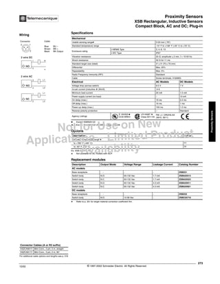 Proximity Sensors
XSB Rectangular, Inductive Sensors
Compact Block, AC and DC; Plug-in
273
10/02 © 1997-2002 Schneider Electric All Rights Reserved
Proximity
Sensors
XSB Rectangular, Inductive Sensors / Compact Block, AC and DC; Plug-in
Specifications
c Except XSBN25122
a Except XSBN25122 LR1599C, Class 3218 06
Ex: XSB C25710 TF
q Not available for AC models with SCP.
t Refer to p. 351 for target material correction coefficient Km.
Mechanical
Usable sensing ranget 0-20 mm (.78")
Standard temperature range -13° F to +158° F (-25° C to +70° C)
Enclosure rating
• NEMA Type 3, 4, 6, 13
• IEC Type IP67
Vibration resistance 25 G, amplitude ± 2 mm, f = 10-55 Hz
Shock resistance 50 G for 11 ms
Standard target size (steel) 3" x 3" (75 x 75 mm)
Differential Max. 20%
Repeatability Max. 5%
Radio Frequency Immunity (RFI) Standard
Cable Screw terminals, #16AWG
Electrical AC Models DC Models
Voltage drop (across switch) 9.5 V 7 V
Inrush current (inductive @ 20mS) .9 A –
Minimum load current 20 mA 1.5 mA
Power supply current (no load) – 10 mA
On delay (max.) 10 ms 0.4 ms
Off delay (max.) 10 ms 1 ms
Power-up delay (max.) 150 ms 1.2 ms
Reverse polarity protection – Standard
Agency Listings
E 164353 c
CCN NRKH
LR 44087 a
Class 3211 03
FM: J.I. OROH9.AX
(3610, 3611)
Options
Description Suffix
Extended temperature range q
to +185° F (+85° C) TT
to -40° F (-40° C) TF
Replacement modules
Description Output Mode Voltage Range Leakage Current Catalog Number
AC models
Base receptacle - - - ZSBZ21
Switch body N.O. 93-132 Vac 1.7 mA ZSBA25513
Switch body N.C. 93-132 Vac 1.7 mA ZSBA25523
Switch body N.O. 93-132 Vac 4.5 mA ZSBA25911
Switch body N.C. 93-132 Vac 4.5 mA ZSBA25921
DC models
Base receptacle - - - ZSBZ22
Switch body N.O. 12-58 Vac - ZSBC25710
For additional cable options and lengths see p. 518
Connector Cables (A or R3 suffix)
XSZCA901Y Mini Conn., 3 pin, 2 m, straight
XSZCA911Y Mini Conn., 3 pin, 2 m, 90°
Wiring
Connector Cable
Blue BU –
Brown BN +
Black BK Output
3 1
2
2 wire AC
3
4
NO
1
2
NC
L1
L2
L1
L2
2 wire DC
1
4
NO
+
-
®
Not for Use on New
Applications – Limited Product
Availability
 