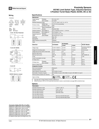 Proximity Sensors
XS7/8C Limit Switch Type, Inductive Sensors
5 Position Turret Head, Plastic AC/DC, DC or AC
277
10/02 © 1997-2002 Schneider Electric All Rights Reserved
Proximity
Sensors
XS7/8C Limit Switch Type, Inductive Sensors / 5 Position Turrent Head, Plastic AC/DC. DC or AC
Specifications
t See page 351 for target material corrective coefficient km.
a Without overload or SCP, an 0.8 A quick blow fuse wired in series is recommended, see page 298 for protective fuses.
Mechanical
Usable sensing
range t
Shielded 0-12 mm (.47")
Non-shielded 0-16 (63")
Standard temperature range -13° F to +158° F (-25° C to +70° C)
Enclosure rating
NEMA Type 4, 6P, 12 (UL test pending)
CENELEC Type IP67
Enclosure material
Body & sensing face PBT
Screws Stainless Steel
Vibrationresistance IEC 60068.2.6 25 G, amplitude at 55 Hz, f = 10-55 Hz
Shock resistance IEC 60068.2.27 50 G duration 11 ms
Standard targetsize
(steel)
Shielded 45 x 45 mm (1.8" x 1.8")
Non-shielded 60 x 60 mm (2.4" x 2.4")
Differential Max. 20%
Repeatability Max. 3%
Radio Frequency Immunity (RFI) Standard
Cable Screw terminals
Electrical AC Models
DC Models
AC/DC Models
2 wire 4 wire
Voltage range 24-240 V 50/60 Hz 12-48 V 12-48 V
24-240 Vac 50/60 Hz
24-210 Vdc
Voltage limit (including ripple) 20-264 V 50/60 Hz 10-58 V 10-58 V 20-264 Vac/dc
Voltage drop (across switch) closed state 5.5 V 4 V 2 V 5.5 V
Minimum load current 5 mA 1.5 mA – 5 mA
Maximum load current 500 mA 100 mA 100 mA 300 mA/200 mA
Inrush 2Aa – – 2 Aa
Current consumption (no load) – – 10 mA –
On delay (max.) 30 ms 2 ms 0.3 ms 30 ms
Off delay (max.)
Shielded 20 ms 5 ms 0.7 ms 20 ms
Non-shielded 20 ms 7 ms 0.7 ms 20 ms
Power-up delay (max.) 120 ms 5 ms 5 ms 120 ms
Protective circuitry
Short circuit protection Optional a
Overload protection Yes
Radio frequency immunity (RFI) IEC 61000-4-3 Level 3
Electrostatic; Transients; Impulse IEC 61000-4-2 Level 4; IEC 61000-4-3 Level 3; IEC 60947.5.2 Level 3
Reverse polarity protection DC Versions Yes
Agency Listings
E 164869
CCN NRKH
CR 44087
Class 3211 03
Options
Description Suffix
Extended temperature range +185° F (+85° C) TT
Extended temperature range -40° F (-40° C) TF
3 pin mini style connector Normally open R30
3 pin mini style connector Normally closed R31
5 pin mini style connector R5
3 pin micro stye connector AC only, wired Normally open K30
3 pin micro style connector AC only, wired Normally closed K31
For additional cable options and lengths see p. 518
Connector Cables (R3, R5 or K suffix)
XSZCK101Y Micro Conn., 3 pin, 2 m, straight
XSZCK111Y Micro Conn., 3 pin, 2 m, 90°
XSZCA901Y Mini Conn., 3 pin, 2 m, straight
XSZCA911Y Mini Conn., 3 pin, 2 m, 90°
XSZCA1501Y Mini Conn., 5 pin, 2 m, straight
XSZCA1511Y Mini Conn., 5 pin, 2 m, 90°
Wiring
Connector
K30/K31 R30/R31 R5
Cable
Blue BU –
Brown BN +
Black BK Output
1
3
2 2 1
1
3
3
4
5
2
2 wire DC Non Polarized
5
6
+/-
-/+
NO
NC
4 wire DC NO/NC
1
3
4 (NO)
+
-
PNP
2 (NC)
1
3
4 (NO)
+
-
NPN
2 (NC)
PNP
NPN
5
6
2 wire AC
NO/NC Selector Jumper
NO
NC
®
 