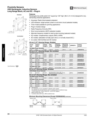 Proximity Sensors
XSD Rectangular, Inductive Sensors
Long Range Block, AC and DC – Plug-in
©1997- 2002 Schneider Electric All Rights Reserved
280
10/02
Proximity
Sensors
XSD Rectangular, Inductive Sensors / Long Range Block, AC and C - Plug-in
Features
Rectangular low profile switch 3.5" square by 1.
63" high ( 88.4 x 41.4 mm) designed for very
demanding industrial applications.
• Housings: Plastic (thermoplastic polyester)
• LED indicators: target sensed, power on and short circuit (selected models)
• Timer model available for jamming applications
• Plug-in modular design
• Radio Frequency Immunity (RFI)
• Short circuit protection (SCP) (selected models)
• Alternate frequency models for side by side mounting (selected models)
• DC models: complementary outputs (PNP or NPN)
• AC models: selectable normally open (N.O.) or normally closed (N.C.)
• UL Listed, CSA Certified and CE marked
k 100 mA for DC.
c PLC applications: P= PLC compatible. R= Bleeder resistor needed.
j Also available with alternate frequency. Add F to catalog number. No additional charge.
f 1 LED for power ON, 1 LED for output ON, 1 LED for SCP triggered.
l Mating connector see p. 518.
a For devices without SCP, see p. 298 for protective fuses.
40 mm (1.57") Sensing Range, Shielded
Circuit
Type
Output
Mode
Voltage
Range q
Max.
Load
Residual
(Leakage)
Current
Operating
Frequency
Maximum
LED/SCPa
Catalog
Number
DC Model, Screw Terminals
2 wire N.O. 12-48 V 100 mA 0.5 mA 180 Hz Yes XSDC407138
40 mm (1.57") Sensing Range, Non-shielded
DC Model, Screw Terminals
2 wire N.O. 12-48 V 100 mA 0.5 mA 180 Hz Yes/Yes XSDC407139
PNP N.O. + N.C. 12-48 V 200 mA – 50 Hz Yes/Yes XSDH407339j
NPN N.O. + N.C. 12-48 V 200 mA – 50 Hz Yes/Yes XSDJ407339j
AC Model, Screw Terminals
2 wire N.O.,N.C. 24-240 V 500 mA 1.5 mA (P) c 10 Hz Yes/No XSDA400519j
2 wire N.O.,N.C. 24-240 V 500 mA 1.5 mA (P) c 10 Hz 3f/Yes XSDA405539j
AC Model Mini Style Connector, 3 Pins l
2 wire N.O.,N.C. 24-240 V 500 mA 1.5 mA (P) c 10 Hz Yes/No XSDA400519R3j
2 wire N.O.,N.C. 24-240 V 500 mA 1.5 mA (P) c 10 Hz 3f/Yes XSDA405539R3j
AC Model with Timer
2 wire N.O.,N.C. 24-240 V 500 mA 3.5 mA (R) c 10 Hz Yes/No XSDT023319
50 mm (2") Sensing Range, Shielded
AC/DC Model, Screw Terminals
2 wire N.O./N.C. 24-240 V
5-100 mA DC
5-500 mA AC
1.7mA at 120V
3 mA at 240V k
10 Hz 3f/Yes XSDM500538
50 mm (2") Sensing Range, Non-shielded
DC Model, Screw Terminals
2 wire N.O. 12-48 V 100 mA 0.5 mA 180 Hz Yes/Yes XSDC507139
AC Model, Screw Terminals
2 wire N.O./N.C. 24-240 V 500 mA 1.5 mA 10 Hz Yes/No XSDA500519
2 wire N.O./N.C. 24-240 V 500 mA 1.5 mA 10 Hz 3f/Yes XSDA505539
AC Model Mini Style Connector, 3 Pins l
2 wire N.O/.N.C. 24-240 V 500 mA 1.5 mA 10 Hz Yes/No XSDA500519Rj
2 wire N.O./N.C. 24-240 V 500 mA 1.5 mA 10 Hz 3f/Yes XSDA505539Rj
Minimum Mounting Clearances (Except XSDM500538) (mm/inches)
XSD 40 e: 200/7.9 e: 400/15.7
XSD 50 e: 250/10 e: 500/20
1/2" NPT
conduit ent.
4 x dia. 5.5 mm
4 x dia. .21"
LED
3.90
100
1.5
40
2.56
65
2.56
65
.29
7.5
3.10
80
4 x dia. 5.5 mm
4 x dia. .21"
3.98
101
1.5
40
2.96
75
2.56
65
.33
8.5
3.23
82
Unshielded
Shielded
Dual Dimensions inches
mm
e
Side by side Face to face
e
 