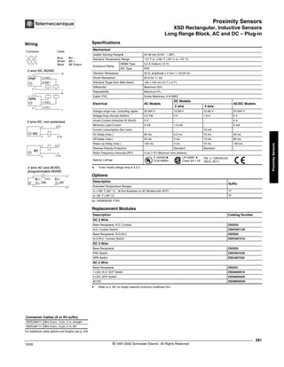 Proximity Sensors
XSD Rectangular, Inductive Sensors
Long Range Block, AC and DC – Plug-in
281
10/02 © 1997-2002 Schneider Electric All Rights Reserved
Proximity
Sensors
XSD Rectangular, Inductive Sensors / Long Range Block, AC and DC - Plug-in
Specifications
a Timer model voltage drop is 4.5 V.
Ex: XSD605539 TTR3
p Refer to p. 351 for target material correction coefficient Km.
Mechanical
Usable Sensing Rangea 24-48 mm (0.94" - 1.89")
Standard Temperature Range -13° F to +158° F (-25° C to +70° C)
Enclosure Rating
NEMA Type 3,4 X (indoor),12,13
IEC Type IP67
Vibration Resistance 25 G, amplitude ± 2 mm, f =10-55 Hz
Shock Resistance 50 G for 11 ms
Standard Target Size (Mild Steel) 120 x 120 mm (4.7" x 4.7")
Differential Maximum 20%
Repeatability Maximum 5%
Cable, PVC Screw Maximum, #16 AWG
Electrical AC Models
DC Models
AC/DC Models
2 wire 4 wire
Voltage range max. (including ripple) 20-264 V 10-58 V 10-58 V 20-264 V
Voltage Drop (Across Switch) 5.5 Va 4 V 1.8 V 6 V
Inrush Current (Inductive @ 20mS) 2 A - - 2 A
Minimum Load Current 5 mA 1.5 mA - 5 mA
Current consumption (No Load) - - 10 mA -
On Delay (max.) 30 ms 0.2 ms 10 ms 40 ms
Off Delay (max.) 20 ms 3 ms 10 ms 60 ms
Power-up Delay (max.) 120 ms 5 ms 10 ms 100 ms
Reverse Polarity Protection - Standard Standard -
Radio Frequency Immunity (RFI) 4 cm (1.6") Minimum from antenna
Agency Listings
E 164353 c
CCN NRKH
LR 44087 a
Class 3211 03
FM: J.I. OROH9.AX
(3610, 3611)
Options
Description
Suffix
Extended Temperature Rangea
to +185° F (85° C) (p Not Available on AC Models with SCP) TT
to -40° F (-40° C) TF
Replacement Modules
Description Catalog Number
DC 2 Wire
Base Receptacle, N.O. Contact ZSDZ03
N.O. Contact Switch ZSDC607139
Base Receptacle, N.O./N.C. ZSDZ02
N.O./N.C. Contact Switch ZSDC607319
DC 3 Wire
Base Receptacle ZSDZ02
PNP Switch ZSDH607339
NPN Switch ZSDJ607339
AC 2 Wire
Base Receptacle ZSDZ01
1 LED, N.O. SCP Switch ZSDA600519
3 LED, SCP Switch ZSDA605539
AC/DC ZSDM600539
For additional cable options and lengths see p. 518
Connector Cables (A or R3 suffix)
XSZCA901Y Mini Conn., 3 pin, 2 m, straight
XSZCA911Y Mini Conn., 3 pin, 2 m, 90°
Wiring
Connector Cable
Blue BU –
Brown BN +
Black BK Output
1 3
2
3 wire DC, NO/NC
1
3
4 (NO)
+
-
PNP
2 (NC)
1
3
4 (NO)
+
-
NPN
2 (NC)
2 wire DC, non polarized
3
4
+/-
-/+
NO
3
4
+/-
-/+
2 wire AC and AC/DC,
programmable NO/NC
L1
7 NO
8
7 NC
load
8
L2
NC
®
 