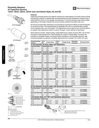 Proximity Sensors
XT Capacitive Sensors
12mm, 18mm, 30mm, 32mm and Limit Switch Style; AC and DC
©1997- 2002 Schneider Electric All Rights Reserved
294
10/02
Proximity
Sensors
XT Capacitive Sensors / 12 mm 18 mm, 30 mm and Limit Switch Style; AC and DC
Features
Capacitive proximity sensors are ideal for sensing non-metal objects or for level control of fluids
and granular material. A special wall mounting bracket has been designed to replace thick or
metal walls the sensor is not capable of penetrating. The actual sensing range varies widely
depending on the target material and environmental conditions (humidity, dust, etc.).
An internal compensation electrode is incorporated to suppress the effects of material deposits
on the sensor’s face. The threshold level is adjustable via a 20 turn potentiometer (except
12mm) located at the rear of the switch. This adjustment can be used to zero out the presence
of a plastic tube allowing the switch to sense ”through” a bulk material or liquid level.
Other features include: metal housing: nickel plated brass, plastic housing: PBT; can be flush
mounted in metal (except XT4); LED indication for output in closed state; mounting nuts
included for threaded models; mounting bracket included for non-threaded versions, well
mounting brackets are optional; sensitivity adjustment tool included; UL & CSA; CE mark.
Sensitivity Adjustment
Nominal Sensing
Distance
AC or
DC
Output Mode
Circuit
Type
Voltage Range
Operating
Frequency
Catalog Number
12 mm diameter, 2m (6.6’) cable, Non Adjustment
Flush Mountable -- Threaded Metal Case
2 mm DC N.O. PNP 12 – 24 V 100 Hz XT1M12PA372
2 mm DC N.C. PNP 12 – 24 V 100 Hz XT1M12PB372
2 mm DC N.O. NPN 12 – 24 V 100 Hz XT1M12NA372
18 mm diameter, 2m (6.6’) cable, with Sensitivity Adjustment
Flush Mountable -- Threaded Metal Case
5 mm AC N.O. 2 wire 24 – 240 V 25 Hz XT1M18FA262
5 mm AC N.C. 2 wire 24 – 240 V 25 Hz XT1M18FB262
5 mm DC N.O. PNP 12 – 24V 100 Hz XT1M18PA372
5 mm DC N.C. PNP 12 – 24V 100 Hz XT1M18PB372
5 mm DC N.O. NPN 12 – 24V 100 Hz XT1M18NA372
Non-Flush Mountable -- Threaded Plastic Case
8 mm AC N.O. 2 wire 24 – 240 V 25 Hz XT4P18FA262
8 mm DC N.O. PNP 12 – 24V 100 Hz XT4P18PA372
8 mm DC N.O. NPN 12 – 24V 100 Hz XT4P18NA372
30 mm diameter, 2m (6.6’) cable, with Sensitivity Adjustment
Flush Mountable -- Threaded Metal Case
10 mm AC N.O. 2 wire 24 – 240 V 25 Hz XT1M30FA262
10 mm AC N.C. 2 wire 24 – 240 V 25 Hz XT1M30FB262
10 mm DC N.O. PNP 12 – 24V 100 Hz XT1M30PA372
10 mm DC N.C. PNP 12 – 24V 100 Hz XT1M30PB372
10 mm DC N.O. NPN 12 – 24V 100 Hz XT1M30NA372
Non-Flush Mountable -- Threaded Plastic Case
15 mm AC N.O. 2 wire 24 – 240 V 25 Hz XT4P30FA262
15 mm AC N.C. 2 wire 24 – 240 V 25 Hz XT4P30FB262
15 mm DC N.O. PNP 12 – 24V 100 Hz XT4P30PA372
15 mm DC N.O. NPN 12 – 24V 100 Hz XT4P30NA372
32 mm diameter, 2m (6.6’) cable, with Sensitivity Adjustment
Flush Mountable -- Smooth Plastic Case
15 mm AC N.O. 2 wire 110 – 220 V 10 Hz XT1L32FA262
15 mm AC N.C. 2 wire 110 – 220 V 10 Hz XT1L32FB262
Non-Flush Mountable -- Smooth Plastic Case
20 mm AC N.O. 2 wire 110 – 220 V 10 Hz XT4L32FA262
20 mm AC N.C. 2 wire 110 – 220 V 10 Hz XT4L32FB262
Limit Switch Style, 0.5" NPT, with Sensitivity Adjustment
Flush Mountable -- Plastic Case
15 mm AC N.O. or N.C. 2 wire 24 – 240 V 25 Hz XT7C40FP262
15 mm DC N.O. / N.C. PNP 12 – 24V 100 Hz XT7C40PC440
15 mm DC N.O. / N.C. NPN 12 – 24V 100 Hz XT7C40NC440
Front face
Contamination
(a)
(b)
Main electrode
Earth electrode
Compensation electrode
(a) : compensation field (suppression
of external contamination)
(b) : main electric field
XS7 Limit
Switch Style
XT1/4 Smooth
XT1/4 Threaded
Level Detection
Well Bracket
XTAZ
thread
M30x1.5
thread
M18x1
thread
M12x1
1 2
1 Sensitivity adjustment potentiometer and output
state indicator ( yellow LED )
2 Adjustment using screwdriver
 
