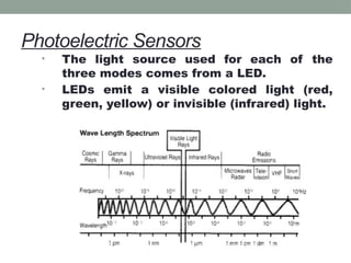Photoelectric Sensors
• The light source used for each of the
three modes comes from a LED.
• LEDs emit a visible colored light (red,
green, yellow) or invisible (infrared) light.
 