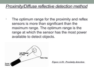 Proximity/Diffuse reflective detection method
• The optimum range for the proximity and reflex
sensors is more than significant than the
maximum range. The optimum range is the
range at which the sensor has the most power
available to detect objects.
Figure A.18: Proximity detection
 