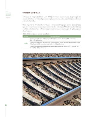 O QUE
ESPERAMOS
DO PRÓXIMO
PRESIDENTE
2015–2018
30
CORREDOR LESTE-OESTE
A ferrovia de Integração Oeste-Leste (FIOL) dinamizará o escoamento da produção do
estado da Bahia e servirá de ligação da região com outros polos, a partir da conexão com
a ferrovia Norte-Sul.
Outra importante obra de infraestrutura é a ferrovia de Integração Centro-Oeste (FICO),
que dará novo impulso para o desenvolvimento dos estados de Mato Grosso, Rondônia e
o sul dos estados do Pará e Amazonas, principalmente para a produção de grãos, açúcar,
álcool e carne.
Tabela 4. Intervenções no corredor Leste-Oeste
MODAL INTERVENÇÕES
FERRO
Construção da ferrovia de Integração Oeste-Leste: trecho de Ilhéus (BA) a Barreiras
(BA) – 990 quilômetros
Construção da ferrovia de integração Transnordestina: trecho de Eliseu Resende (PI), Suape
(PE) e Pecém (CE) – investimento privado – 2.278 quilômetros
Construção da ferrovia de Integração Centro-Oeste: trecho de Uruaçu (GO) a Lucas do Rio
Verde (MT) – 890 quilômetros
 