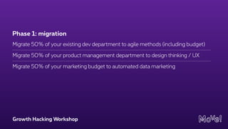 Growth Hacking Workshop
Migrate 50% of your existing dev department to agile methods (including budget)
Migrate 50% of your product management department to design thinking / UX
Migrate 50% of your marketing budget to automated data marketing
Phase 1: migration
 