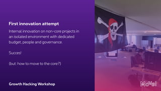 Growth Hacking Workshop
Internal innovation on non-core projects in
an isolated environment with dedicated
budget, people and governance.
Succes!
(but: how to move to the core?)
First innovation attempt
 