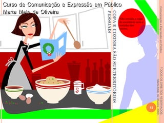 ComunicaçãoeExpressãoemPúblicoTODOSOSDIREITOSRESERVADOS.
MartaMelodeOliveira,2009.
Não invada a copa
do escritório nem a
cozinha dos
outros.
13
COPAECOZINHASÃOSUBTERRITÓRIOS
PESSOAIS
 