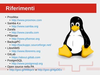 Perché sono cosi forti:RiferimentiRiferimenti
● ProxMox
● http://www.proxmox.com
● Samba 4.x
● http://www.samba.org
● Zarafa
● http://www.zarafa.com
● PfSense
● http://www.pfsense.org
● BackupPC
● http://backuppc.sourceforge.net/
● LibreNMS
● http://www.librenms.org
● GitLab
● https://about.gitlab.com
● PostgreSQL
● http://www.postgresql.org
● Open source nella PA
● http://goo.gl/M8lqwV e http://goo.gl/4jpDEs
 