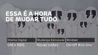 ESSA É A HORA
DE MUDAR TUDO.
Dilema Digital Mudança Estrutural
GM e NBS Novas visões
Mindset
On/off #no-line
 