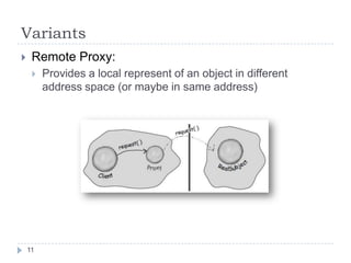 Variants
    Remote Proxy:
        Provides a local represent of an object in different
         address space (or maybe in same address)




    11
 