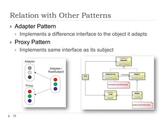 Relation with Other Patterns
    Adapter Pattern
        Implements a difference interface to the object it adapts
    Proxy Pattern
        Implements same interface as its subject




    15
 
