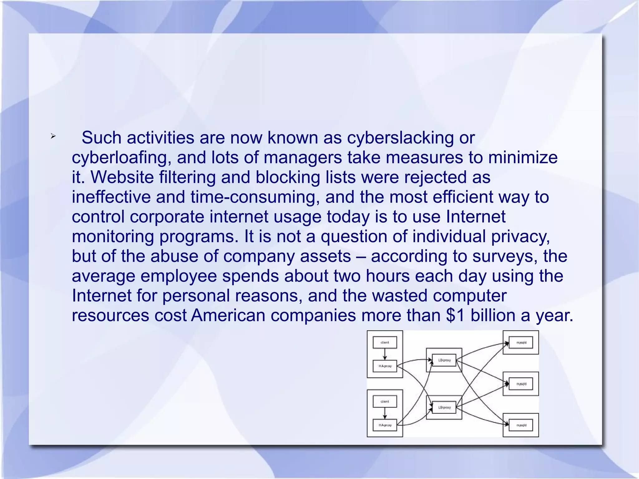 
Such activities are now known as cyberslacking or
cyberloafing, and lots of managers take measures to minimize
it. Website filtering and blocking lists were rejected as
ineffective and time-consuming, and the most efficient way to
control corporate internet usage today is to use Internet
monitoring programs. It is not a question of individual privacy,
but of the abuse of company assets – according to surveys, the
average employee spends about two hours each day using the
Internet for personal reasons, and the wasted computer
resources cost American companies more than $1 billion a year.
 