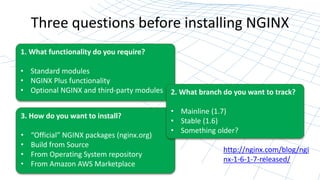 Three questions before installing NGINX
1. What functionality do you require?
• Standard modules
• NGINX Plus functionality
• Optional NGINX and third-party modules
3. How do you want to install?
• “Official” NGINX packages (nginx.org)
• Build from Source
• From Operating System repository
• From Amazon AWS Marketplace
2. What branch do you want to track?
• Mainline (1.7)
• Stable (1.6)
• Something older?
http://nginx.com/blog/ngi
nx-1-6-1-7-released/
 