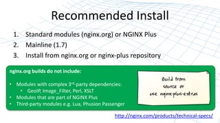 Recommended Install
1. Standard modules (nginx.org) or NGINX Plus
2. Mainline (1.7)
3. Install from nginx.org or nginx-plus repository
nginx.org builds do not include:
• Modules with complex 3rd-party dependencies:
• GeoIP, Image_Filter, Perl, XSLT
• Modules that are part of NGINX Plus
• Third-party modules e.g. Lua, Phusion Passenger
http://nginx.com/products/technical-specs/
 