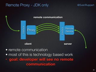 Remote Proxy - JDK only
23
@SvenRuppert
Proxy
Remote
Service
Interface
Interface
remote communication
client server
• remote communication
• most of this is technology based work
• goal: developer will see no remote
communication
 