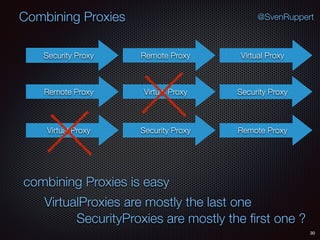 Combining Proxies
30
@SvenRuppert
Security Proxy Virtual ProxyRemote Proxy
Security ProxyVirtual ProxyRemote Proxy
Security ProxyVirtual Proxy Remote Proxy
VirtualProxies are mostly the last one
combining Proxies is easy
SecurityProxies are mostly the ﬁrst one ?
 