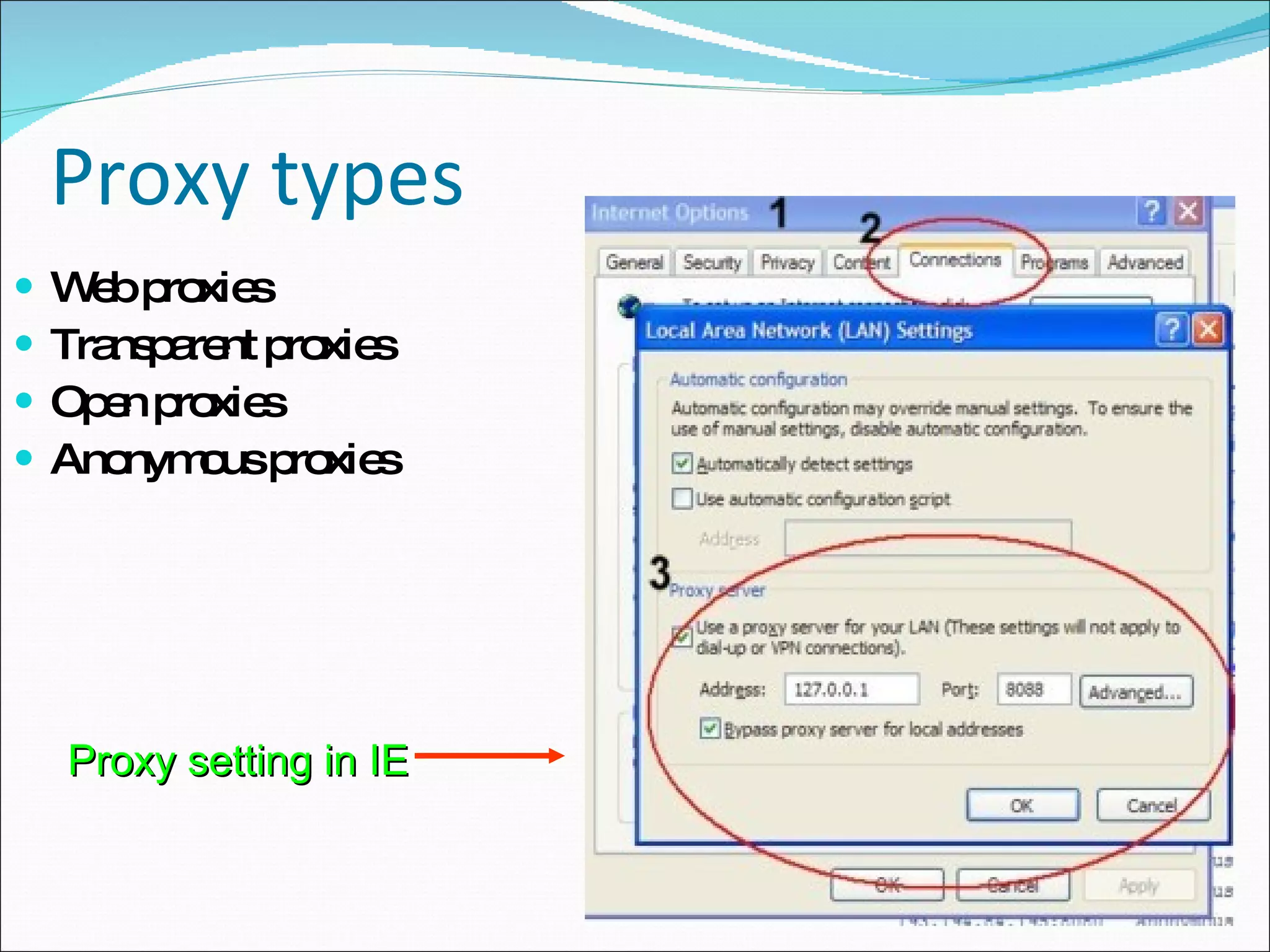 Proxy types Web proxies Transparent proxies Open proxies Anonymous proxies Proxy setting in IE 