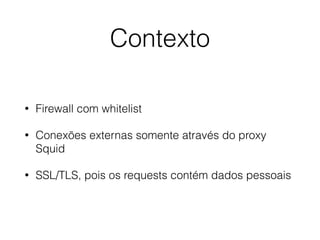 Contexto
• Firewall com whitelist
• Conexões externas somente através do proxy
Squid
• SSL/TLS, pois os requests contém dados pessoais
 