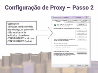 Configuração de Proxy – Passo 2
Observação:
Se houver alguma conexão
neste espaço, os passos do
slide anterior serão
realizados clicando em
CONFIGURAÇÕES e não em
CONFIGURAÇÕES DA LAN.
 