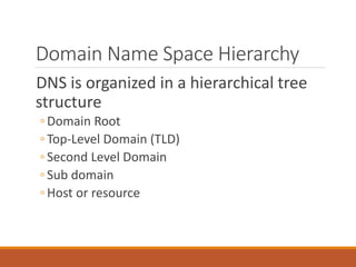 Domain Name Space Hierarchy
DNS is organized in a hierarchical tree
structure
◦ Domain Root
◦ Top-Level Domain (TLD)
◦ Second Level Domain
◦ Sub domain
◦ Host or resource
 