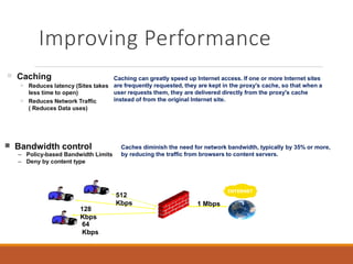 Improving Performance
Caching can greatly speed up Internet access. If one or more Internet sites
are frequently requested, they are kept in the proxy's cache, so that when a
user requests them, they are delivered directly from the proxy's cache
instead of from the original Internet site.
Caches diminish the need for network bandwidth, typically by 35% or more,
by reducing the traffic from browsers to content servers.
 Bandwidth control
– Policy-based Bandwidth Limits
– Deny by content type
INTERNET
64
Kbps
128
Kbps
512
Kbps 1 Mbps
 Caching
 Reduces latency (Sites takes
less time to open)
Reduces Network Traffic
( Reduces Data uses)

 