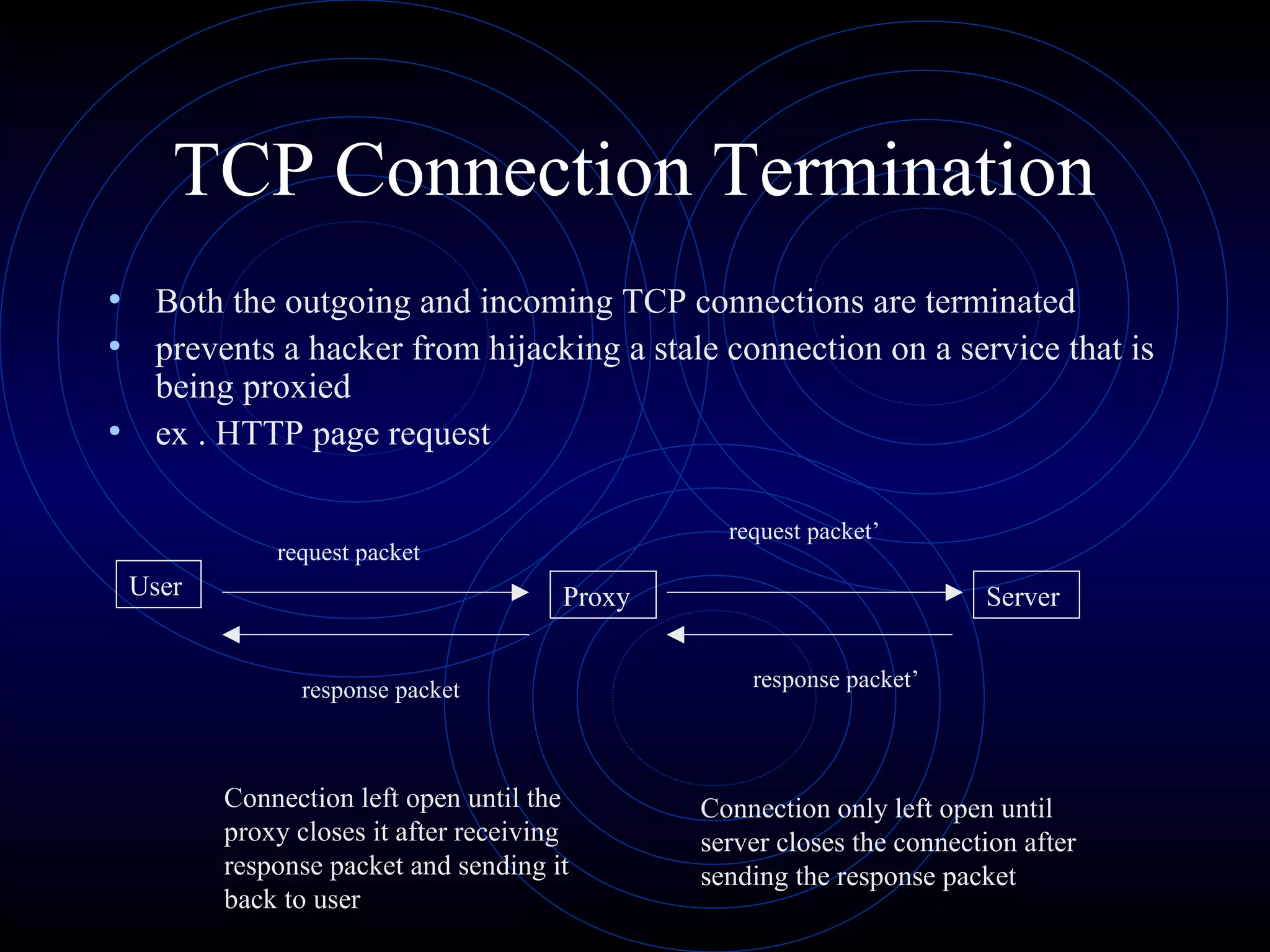 TCP Connection Termination
• Both the outgoing and incoming TCP connections are terminated
• prevents a hacker from hijacking a stale connection on a service that is
  being proxied
• ex . HTTP page request

                                                request packet’
            request packet
 User                                 Proxy                            Server


              response packet                     response packet’



        Connection left open until the        Connection only left open until
        proxy closes it after receiving       server closes the connection after
        response packet and sending it        sending the response packet
        back to user
 
