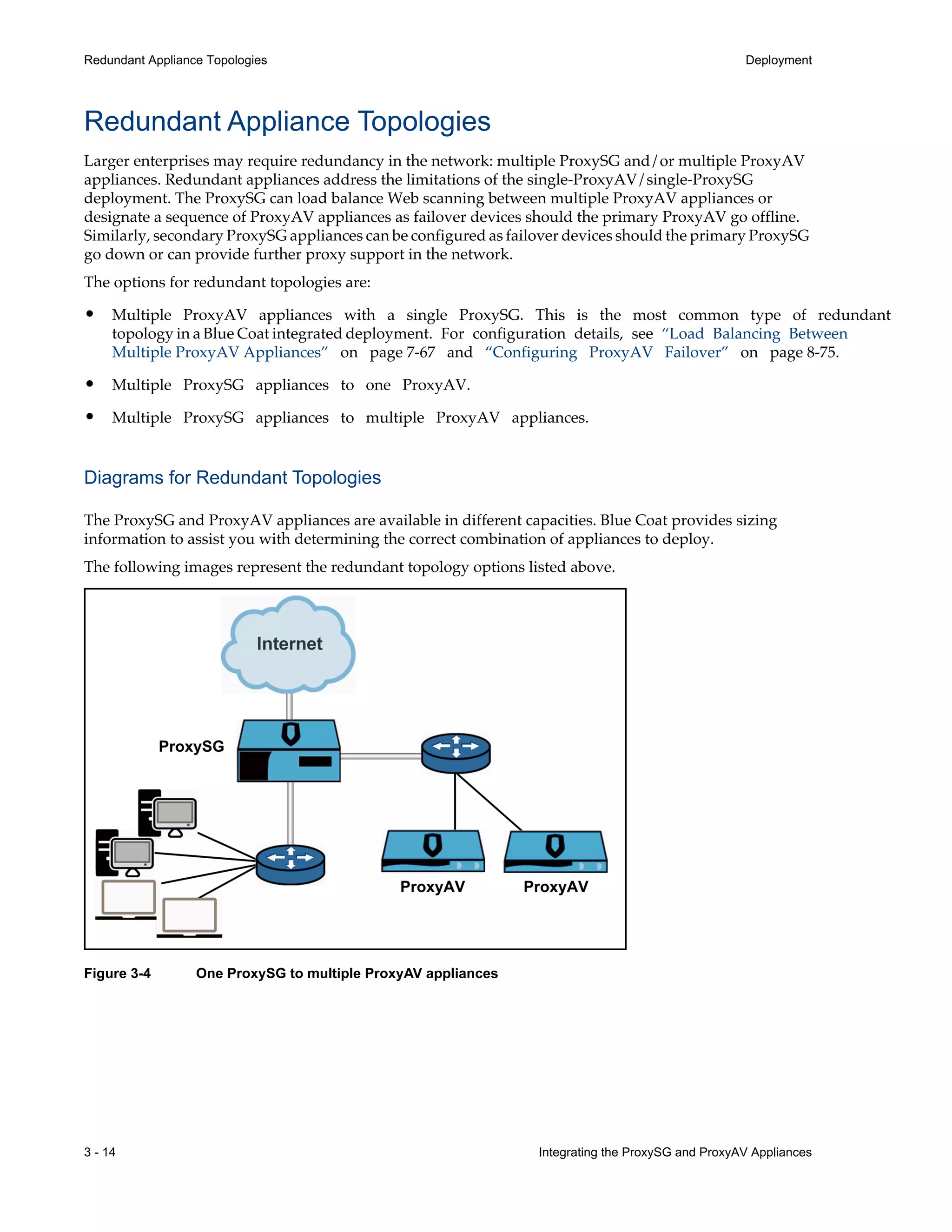 3 - 14 Integrating the ProxySG and ProxyAV Appliances
Redundant Appliance Topologies Deployment
Redundant Appliance Topologies
Larger enterprises may require redundancy in the network: multiple ProxySG and/or multiple ProxyAV
appliances. Redundant appliances address the limitations of the single-ProxyAV/single-ProxySG
deployment. The ProxySG can load balance Web scanning between multiple ProxyAV appliances or
designate a sequence of ProxyAV appliances as failover devices should the primary ProxyAV go offline.
Similarly, secondary ProxySG appliances can be configured as failover devices should the primary ProxySG
go down or can provide further proxy support in the network.
The options for redundant topologies are:
• Multiple ProxyAV appliances with a single ProxySG. This is the most common type of redundant
topology in a Blue Coat integrated deployment. For configuration details, see “Load Balancing Between
Multiple ProxyAV Appliances” on page¬7-67 and “Configuring ProxyAV Failover” on page¬8-75.
• Multiple ProxySG appliances to one ProxyAV.
• Multiple ProxySG appliances to multiple ProxyAV appliances.
Diagrams for Redundant Topologies
The ProxySG and ProxyAV appliances are available in different capacities. Blue Coat provides sizing
information to assist you with determining the correct combination of appliances to deploy.
The following images represent the redundant topology options listed above.
Figure 3-4 One ProxySG to multiple ProxyAV appliances
 