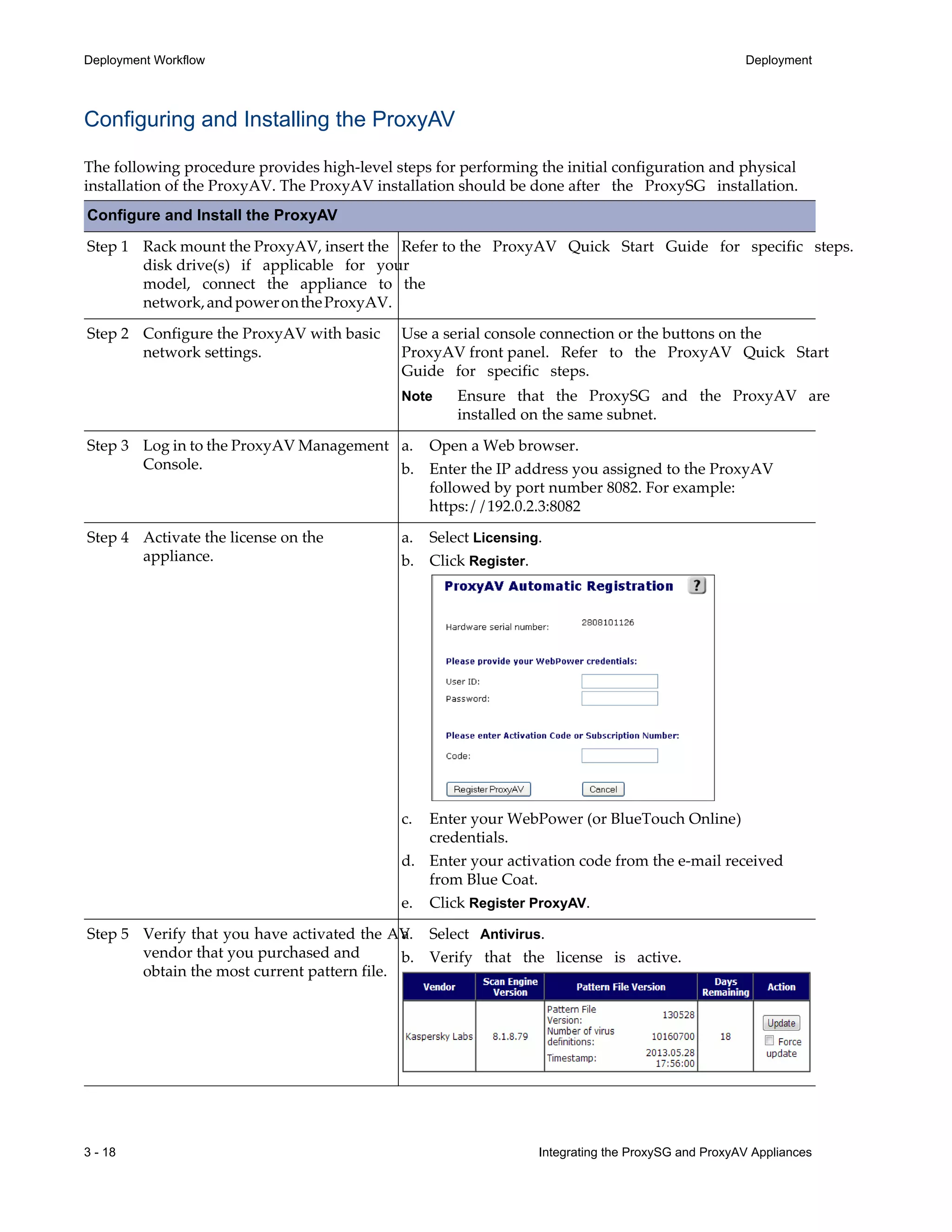 3 - 18 Integrating the ProxySG and ProxyAV Appliances
Deployment Workflow Deployment
Configuring and Installing the ProxyAV
The following procedure provides high-level steps for performing the initial configuration and physical
installation of the ProxyAV. The ProxyAV installation should be done after the ProxySG installation.
Configure and Install the ProxyAV
Step 1 Rack mount the ProxyAV, insert the
disk drive(s) if applicable for your
model, connect the appliance to the
network,andpowerontheProxyAV.
Refer to the ProxyAV Quick Start Guide for specific steps.
Step 2 Configure the ProxyAV with basic
network settings.
Use a serial console connection or the buttons on the
ProxyAV front panel. Refer to the ProxyAV Quick Start
Guide for specific steps.
Note Ensure that the ProxySG and the ProxyAV are
installed on the same subnet.
Step 3 Log in to the ProxyAV Management
Console.
a. Open a Web browser.
b. Enter the IP address you assigned to the ProxyAV
followed by port number 8082. For example:
https://192.0.2.3:8082
Step 4 Activate the license on the
appliance.
a. Select Licensing.
b. Click Register.
c. Enter your WebPower (or BlueTouch Online)
credentials.
d. Enter your activation code from the e-mail received
from Blue Coat.
e. Click Register ProxyAV.
Step 5 Verify that you have activated the AV
vendor that you purchased and
obtain the most current pattern file.
a. Select Antivirus.
b. Verify that the license is active.
 